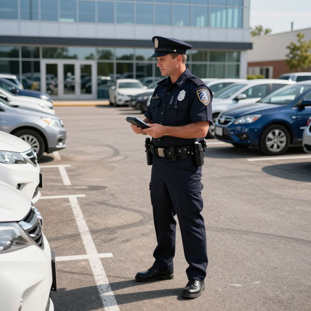 Police officer in uniform writing a parking ticket in a car park.