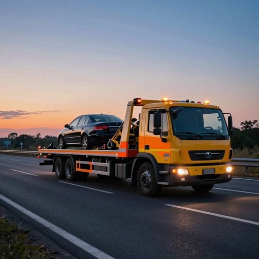 Tow truck carrying a black car on a highway at dusk, with orange and yellow lights on.