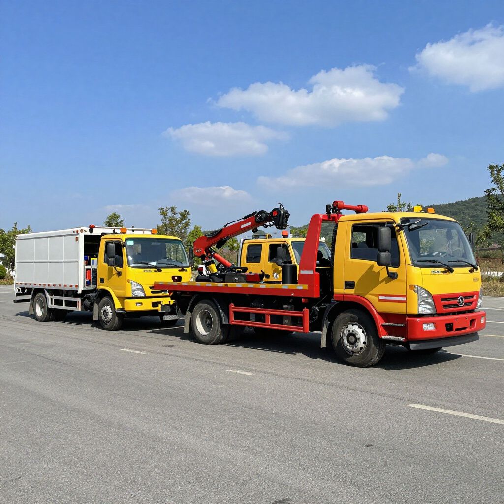Two yellow tow trucks on road under blue sky, one with crane, towing another.