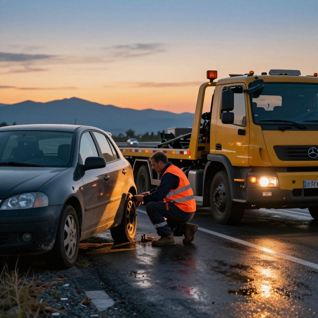 Tow truck driver changing a flat tire on a dark car at the side of a road at sunset.