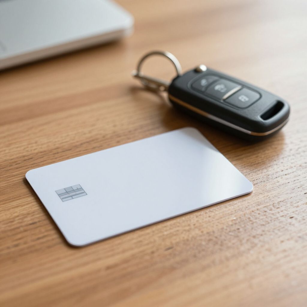 White credit card and car keys on a wooden surface next to a laptop.