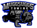 Muggsugg's Towing logo: bulldog with spiked collar, towing truck. Blue and black colors. 