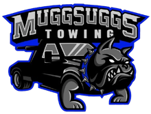 Muggsugg's Towing logo: bulldog with spiked collar, towing truck. Blue and black colors. 