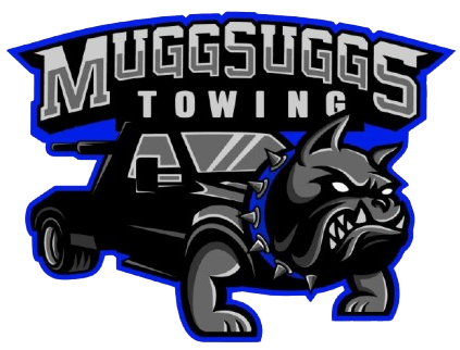 Muggsuggs Towing logo: a bulldog on a tow truck. Black, gray, and blue colors. Bulldog has a fierce expression.