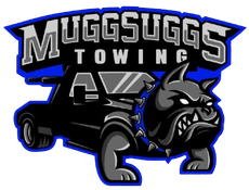 Muggsuggs Towing logo: a bulldog on a tow truck. Black, gray, and blue colors. Bulldog has a fierce expression.
