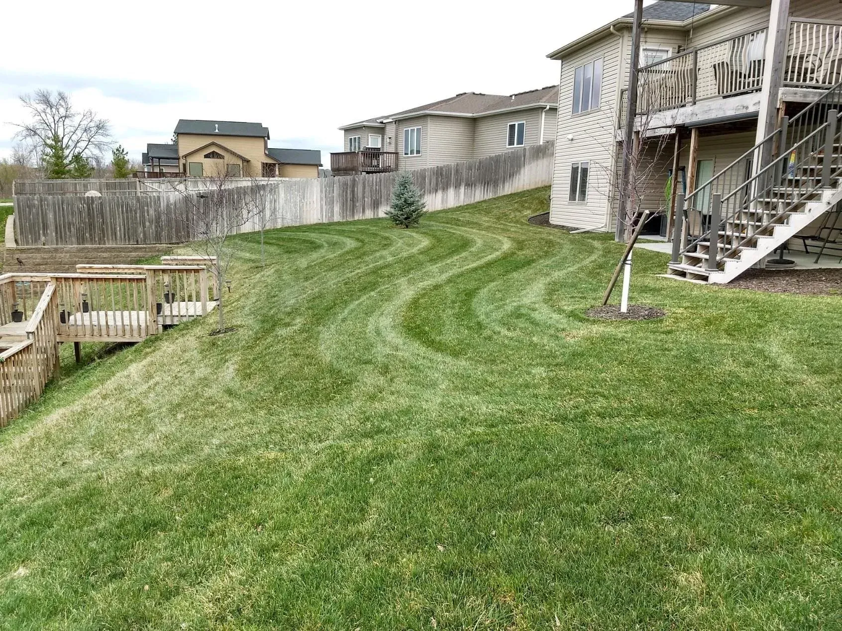 A lush green lawn in front of a house with stairs and a deck.