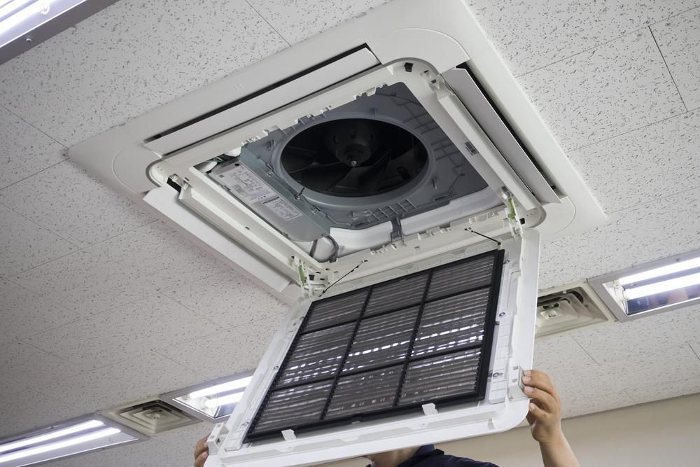 A Man is Holding a Filter in Front of a Ceiling Fan — AJM's Air Conditioning Centre in Nimbin, NSW