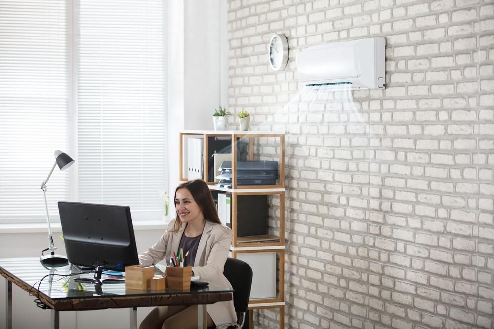 A Woman is Sitting at a Desk in Front of a Computer in an Office — AJM's Air Conditioning Centre in Wardell, NSW