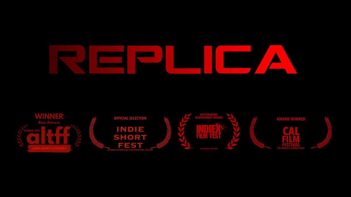 The word replica that is on a black background