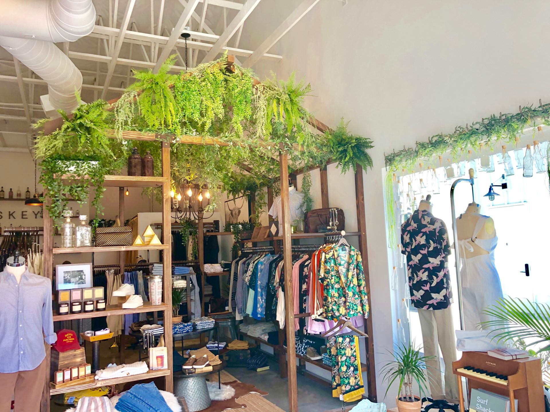 Clothing boutique with hanging greenery, racks of colorful clothes, and a sunlit window display