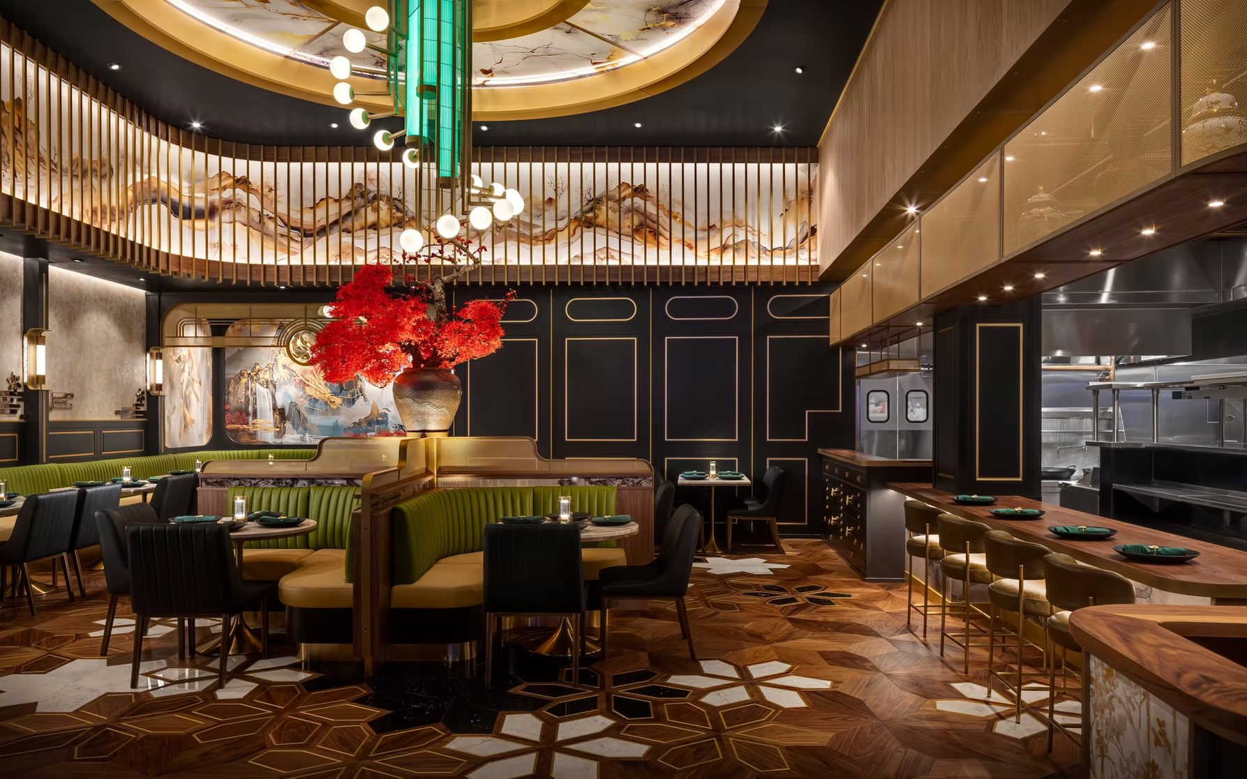 Elegant modern restaurant interior with green banquettes, red floral centerpiece, and warm wood lighting