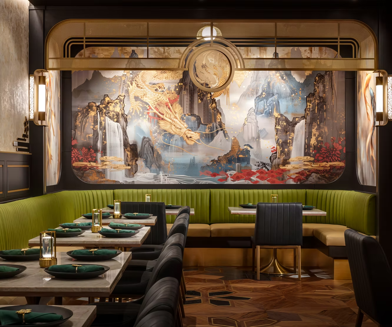 Elegant restaurant dining room with green banquettes, dark tables, and a large ornate mural wall with clock centerpiece