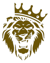 Gold lion head wearing a crown, roaring.