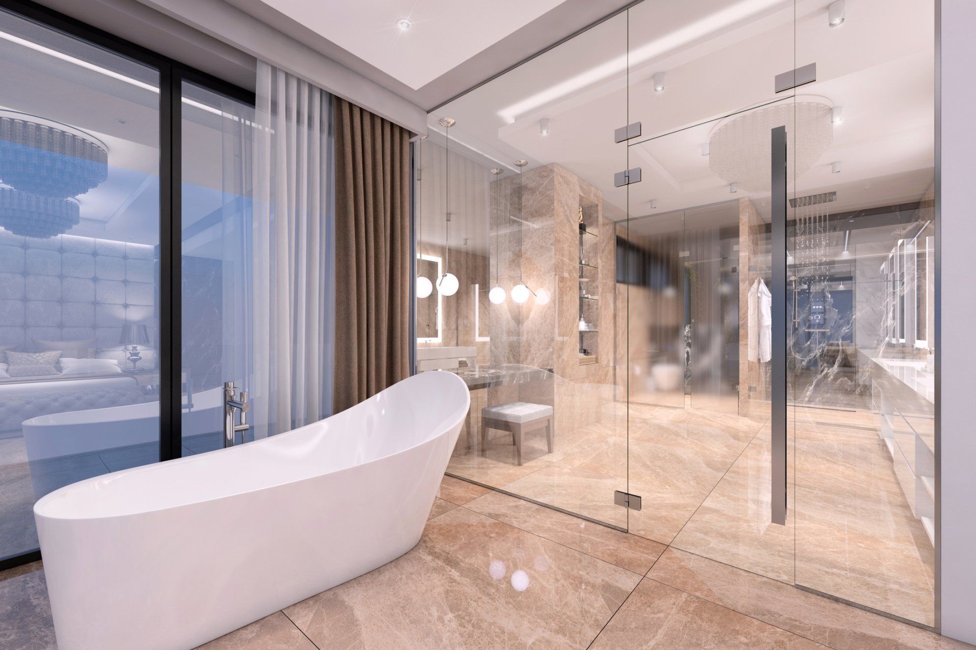 A bathroom with a bathtub and a glass wall.