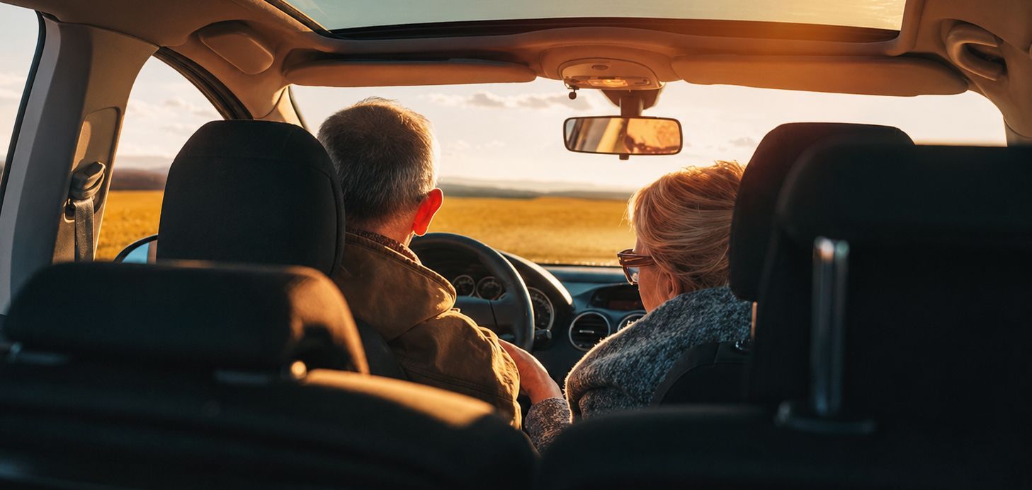Two people sit in a car at sunset, looking out through the front windshield.