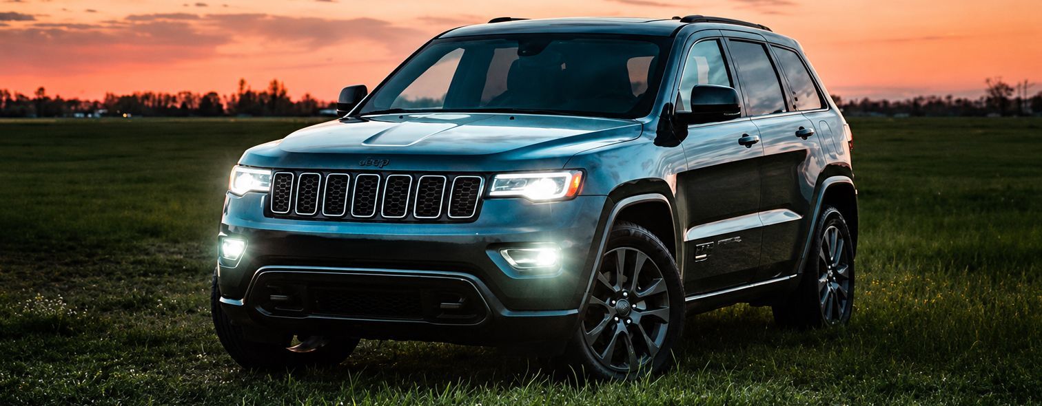 Dark SUV parked in a grassy field at sunset, with headlights on and orange sky in the background