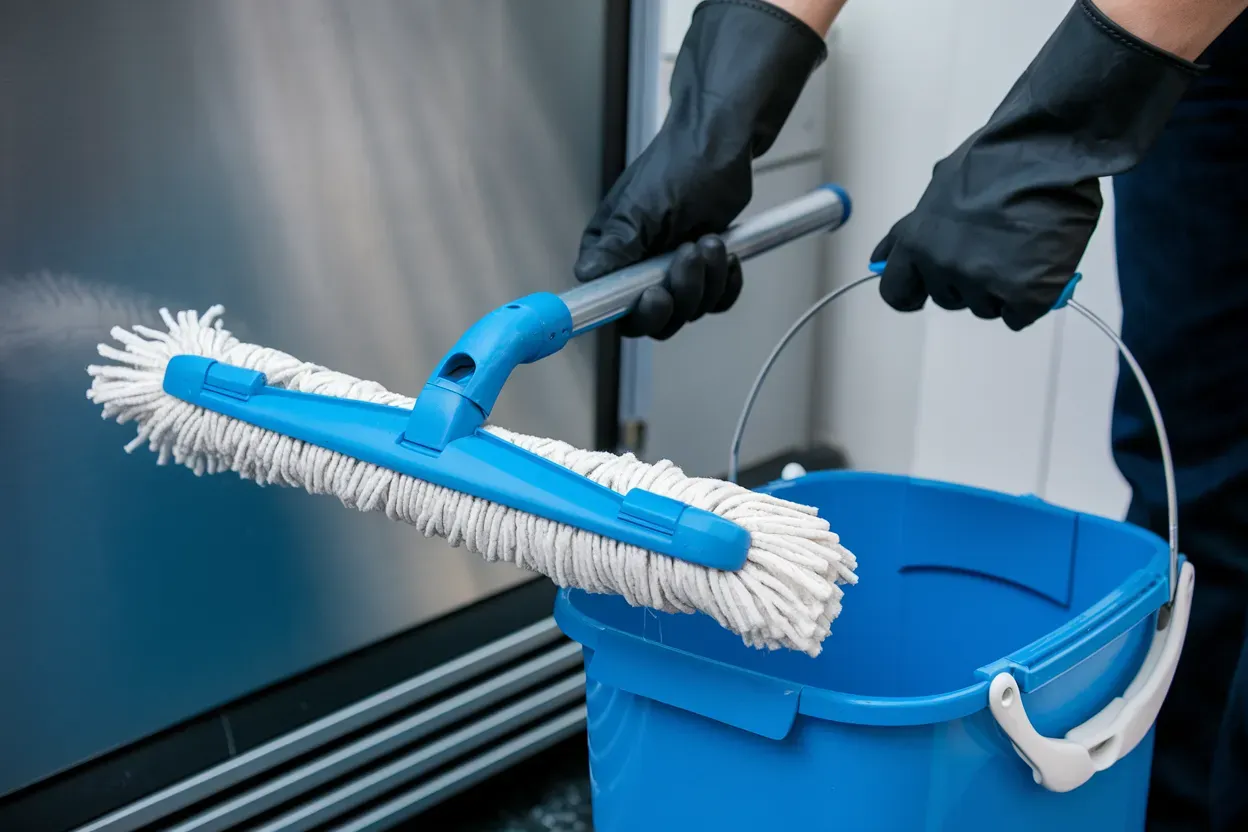 A person is holding a mop next to a blue bucket.