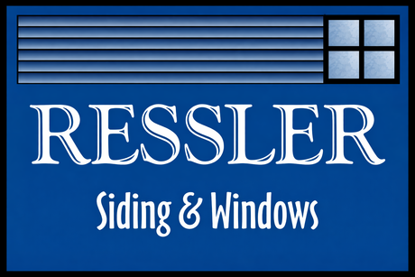 Blue logo: "RESSLER Siding & Windows" text over siding and window graphics.