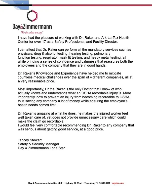 A letter from a doctor to a safety and security manager.