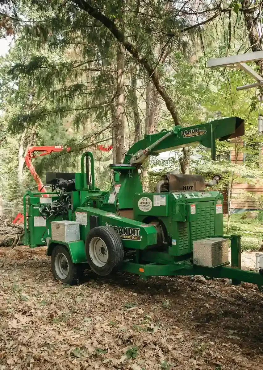 Green wood chipper truck in a wooded area, with a worker operating it amid fallen leaves.