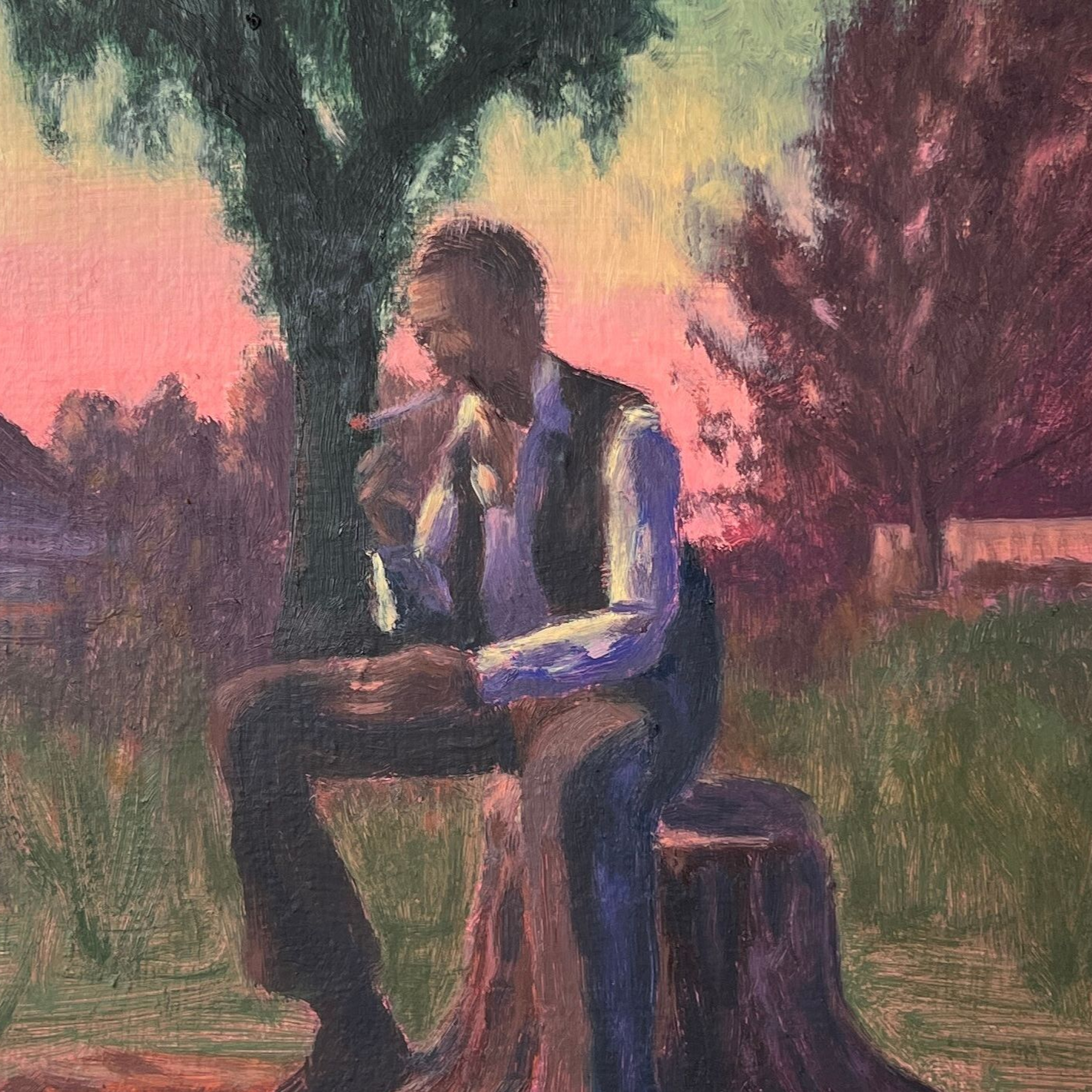 Painting by British contemporary painter Ed Saye. Figure sitting on tree stump smoking against a dusky sky.