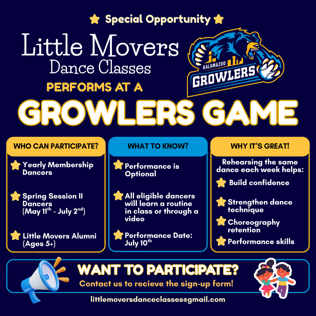 Flyer for Little Movers Dance Classes. Spring Classes for young children on Wednesdays, Thursdays, and Saturdays, March 9 - May 2.