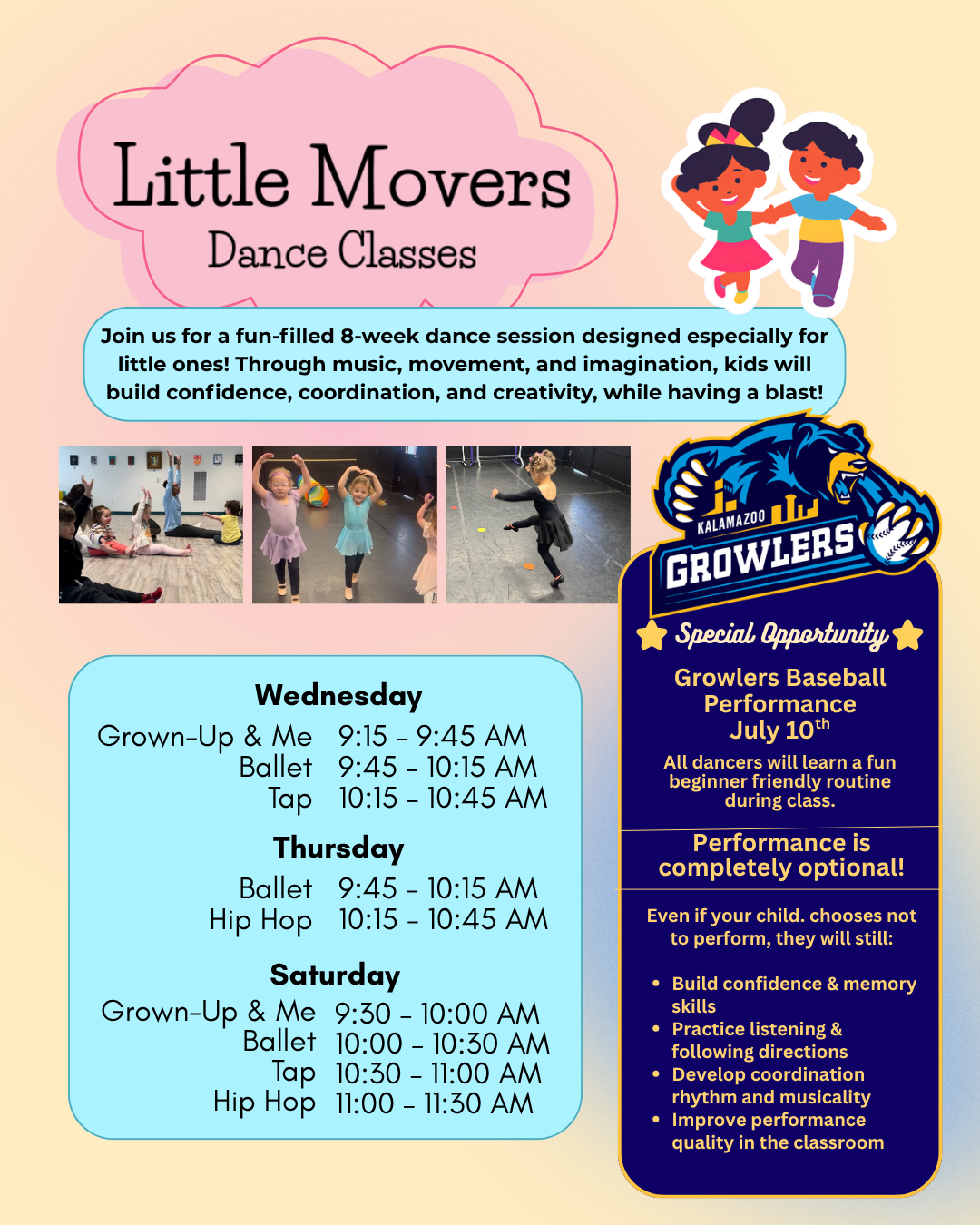 Flyer for Little Movers Dance Classes. Spring Classes for young children on Wednesdays, Thursdays, and Saturdays, March 9 - May 2.