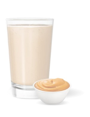 Envase de batido nutricional Herbalife Nutrition, líquido de color marrón vertido en un vaso.