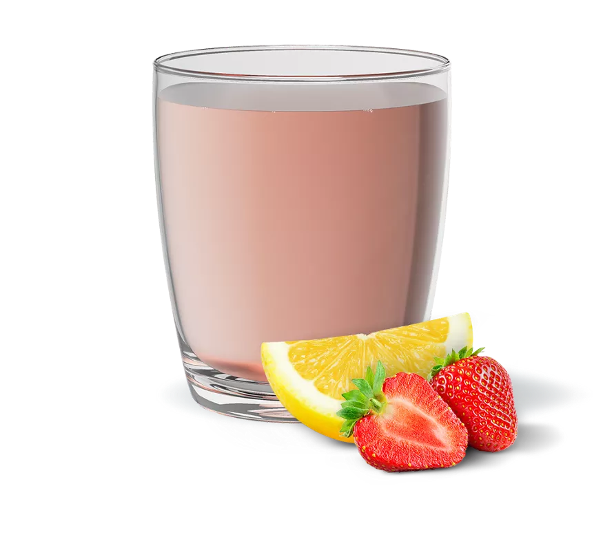 Envase de bebida de colágeno Herbalife con ilustración de frutas. Colores blanco y verde.