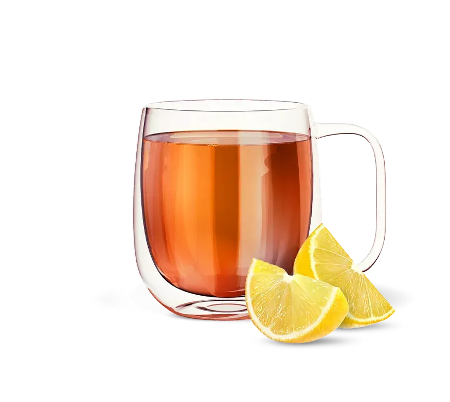 Botella blanca de té instantáneo Herbalife. Etiqueta verde, ilustración de té con limón.