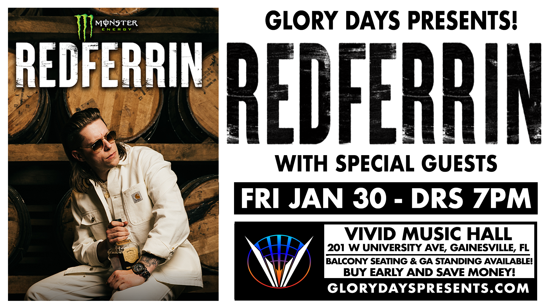 redferrin returns to gainesville this january for a full night of country music!
friday Jan. 30, 2026
Doors 7pm
18+