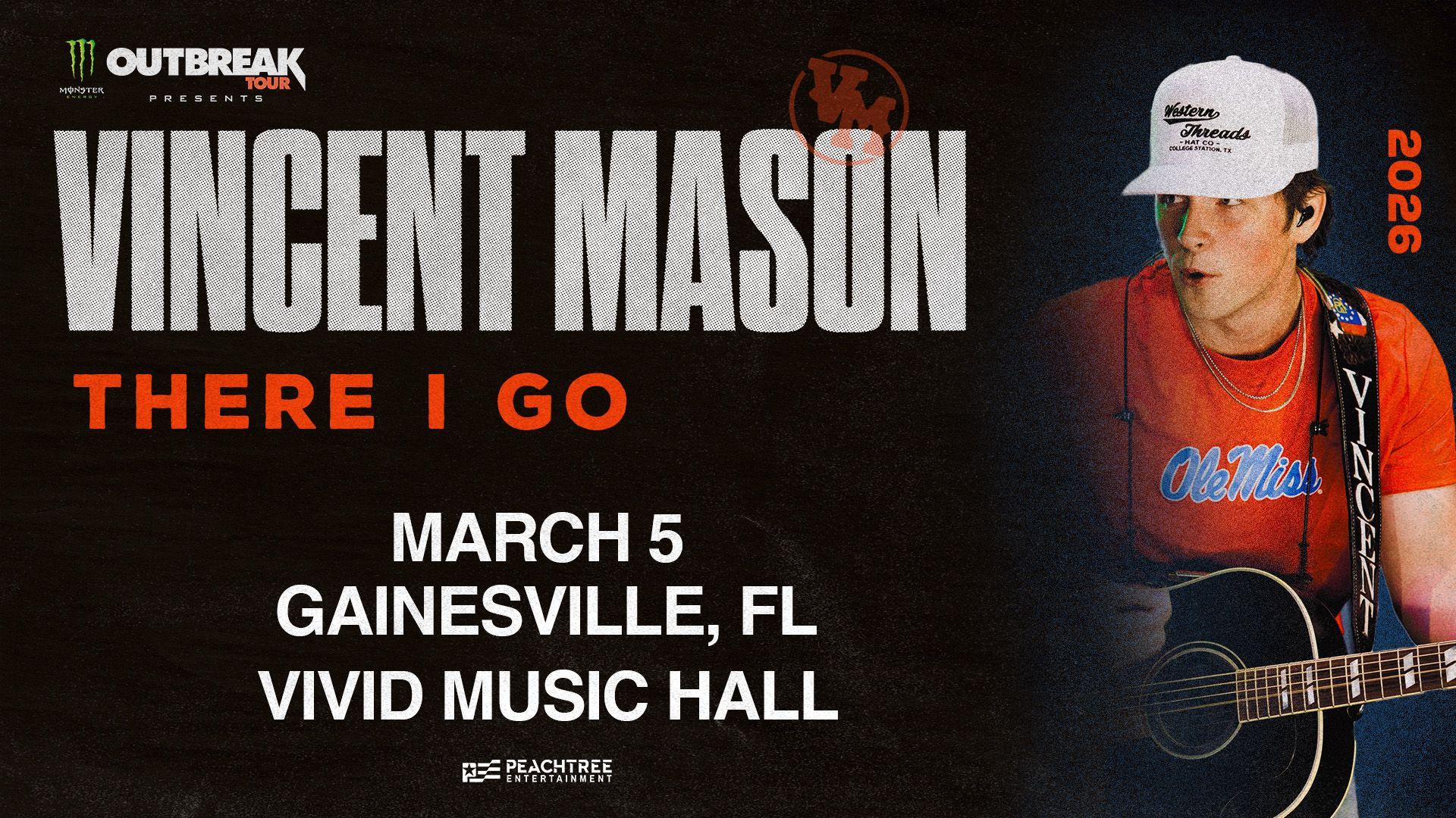 Vincent Mason stops in Gainesville on the there I go tour for a full night of country music!
friday mar. 5, 2026
Doors 7pm
18+
