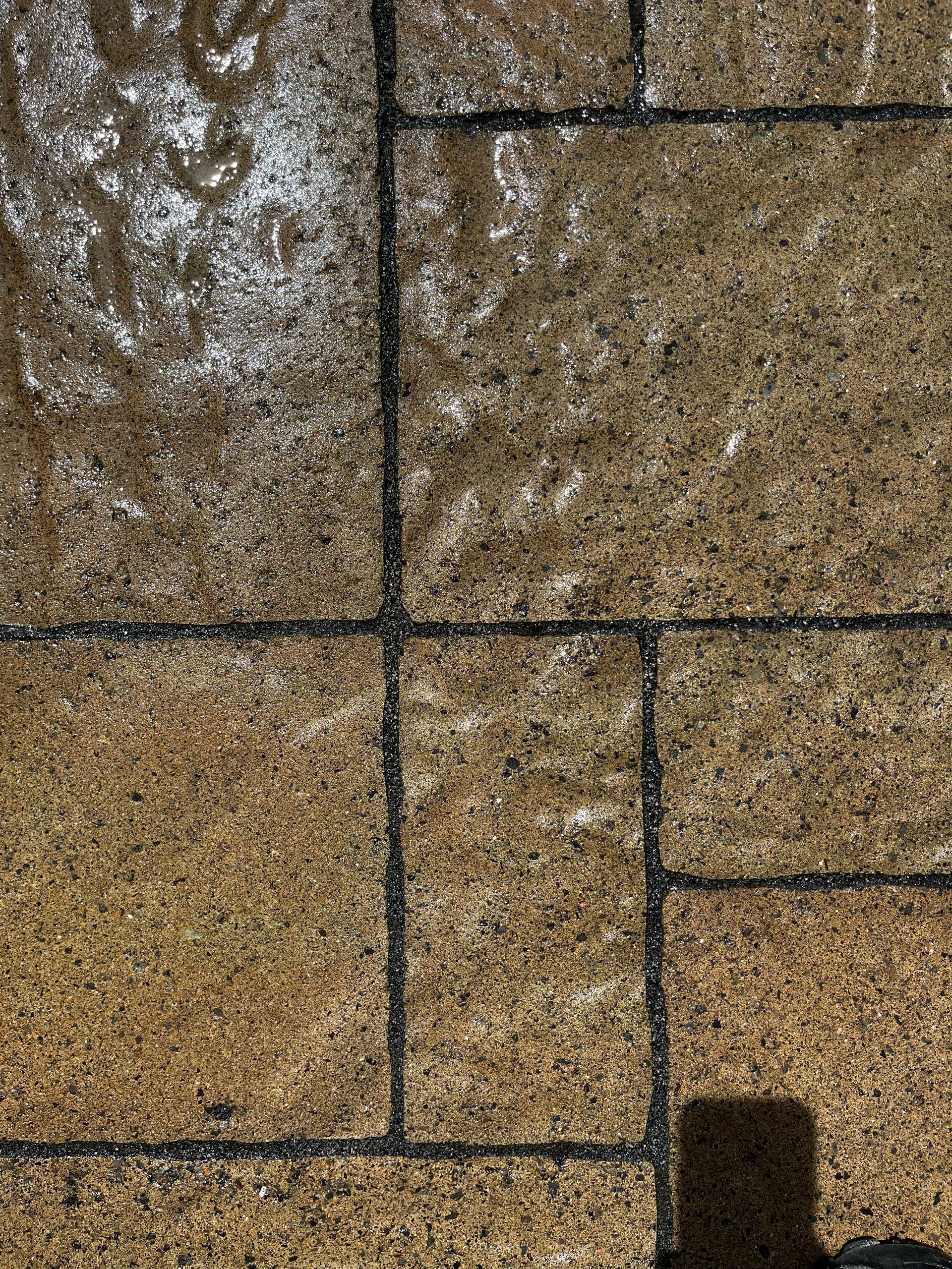 Un gros plan d'un sol en briques avec l'ombre d'une personne dessus.