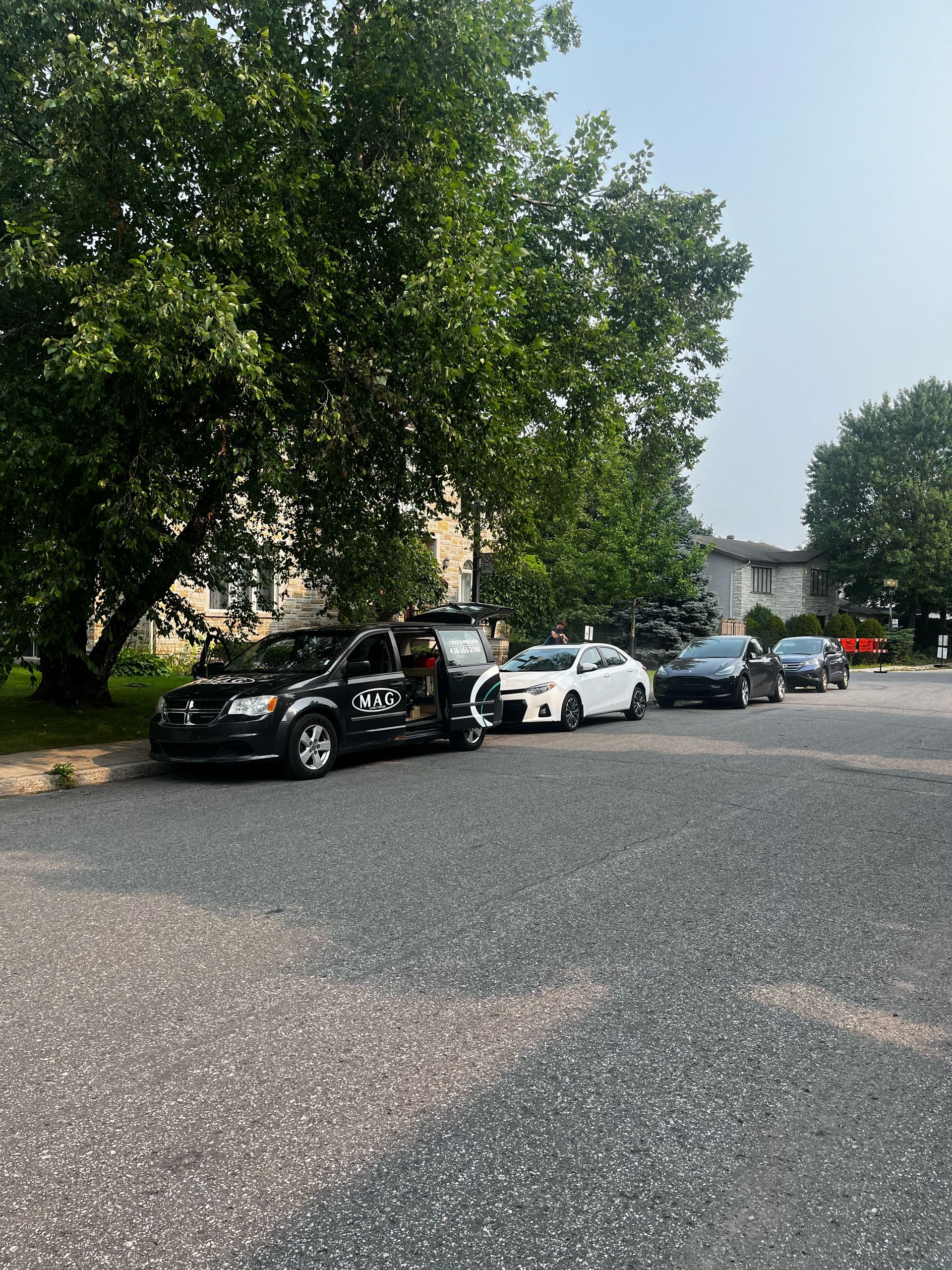 Une rangée de voitures est garée sur le bord de la route.