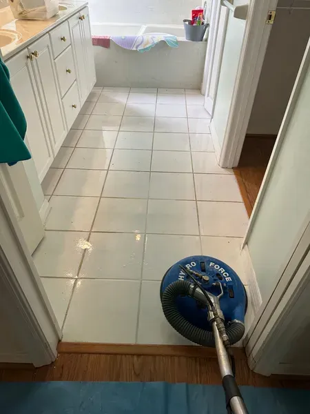 Cleaning bathroom tiles.