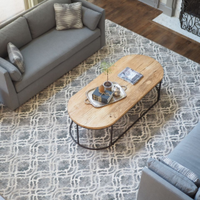 Living room with gray sofas, patterned rug, and wood coffee table with tray decor