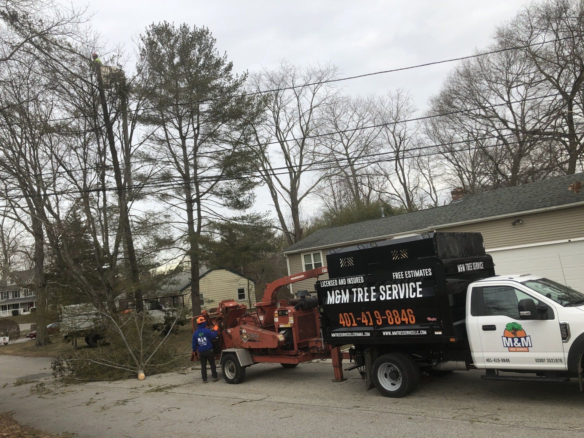 M&M Tree service truck at a work site