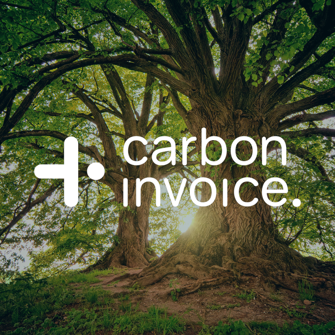 Carbon Invoice logo: White text on a tree background.