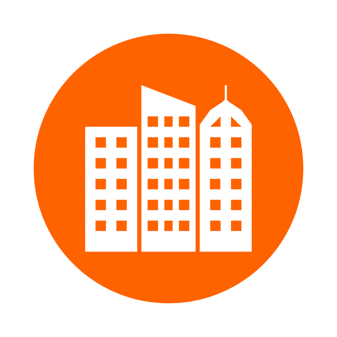 White buildings in a row inside an orange circle.