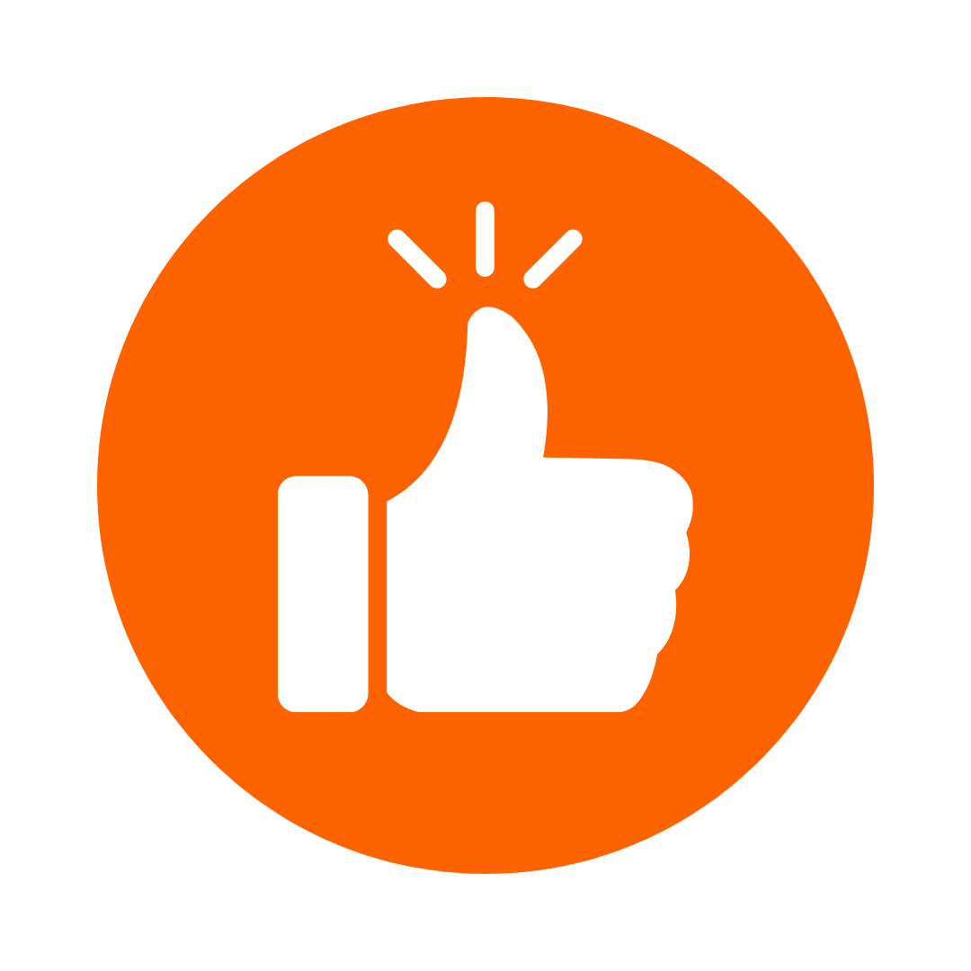 White thumbs up symbol inside an orange circle.