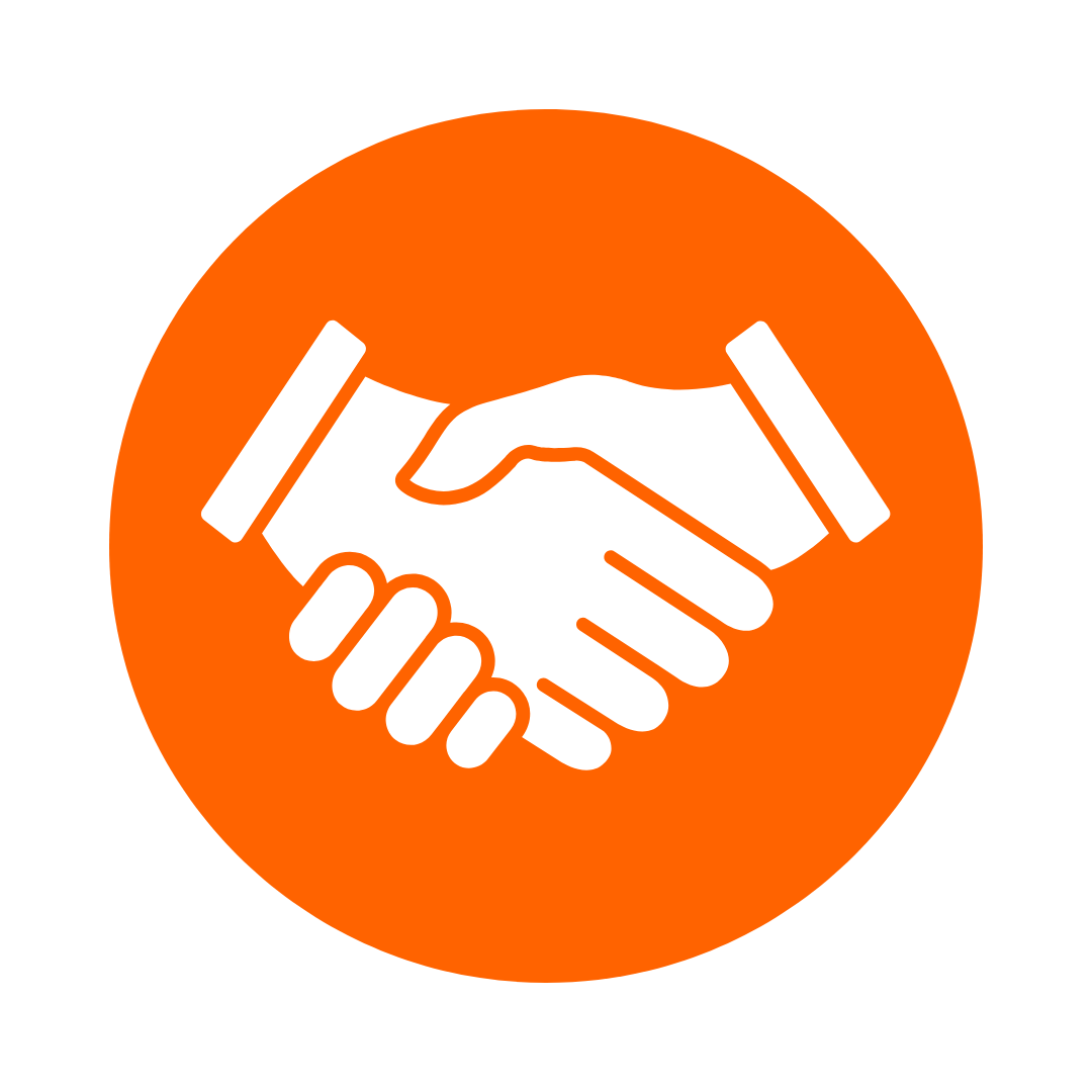 White hands shaking in an orange circle, symbolizing agreement.