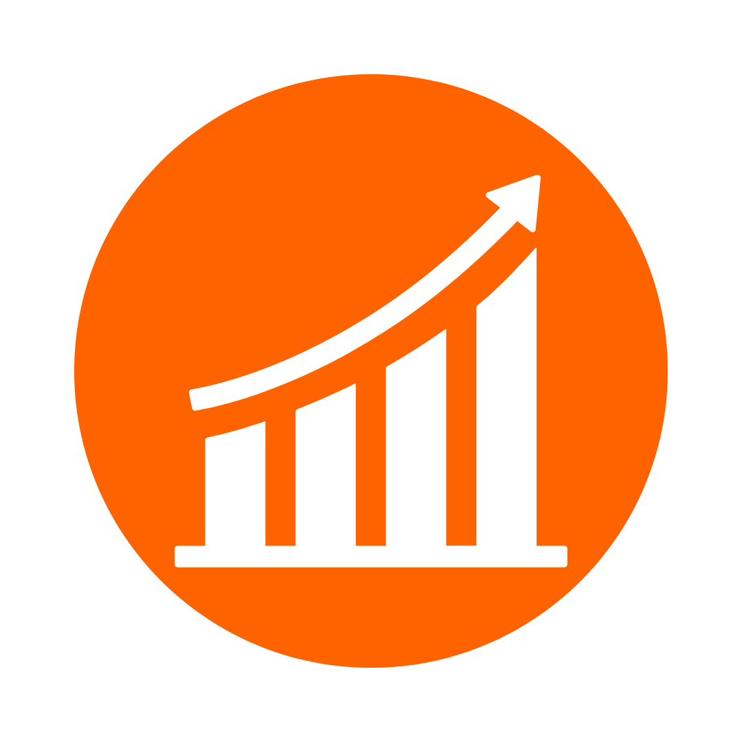 White upward trending graph icon on an orange circle.