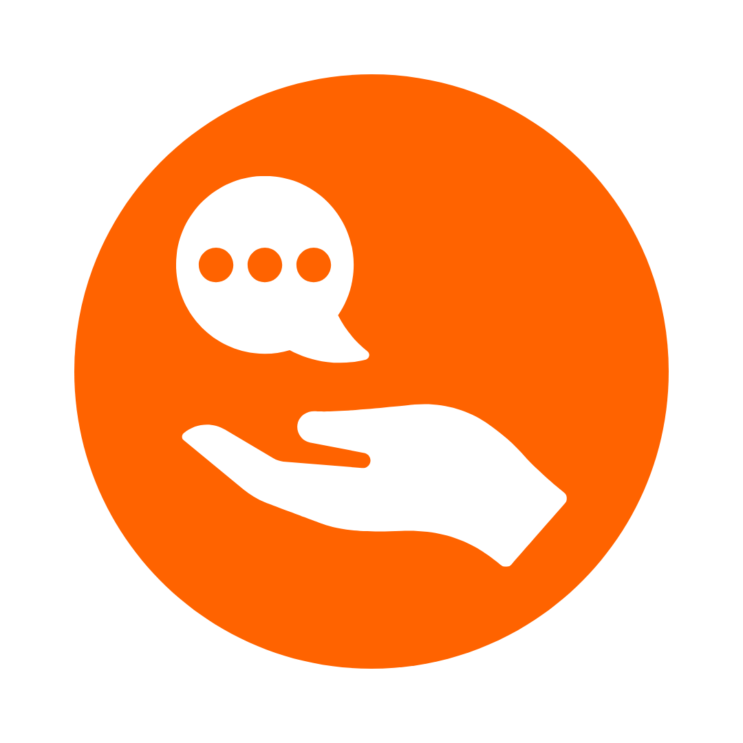 White hand holding speech bubble with three dots, inside an orange circle.