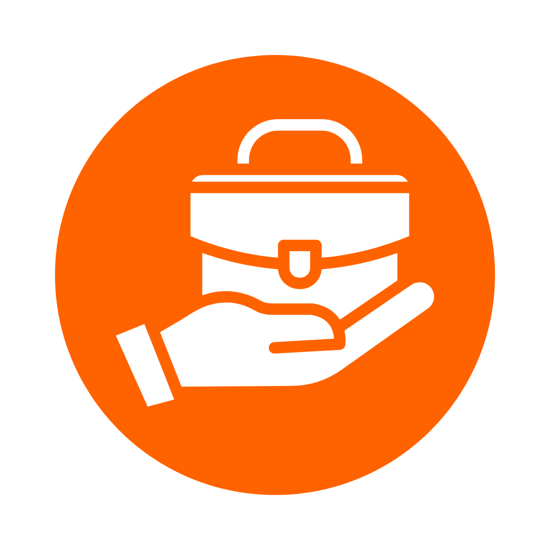 White hand holding a white briefcase inside an orange circle.
