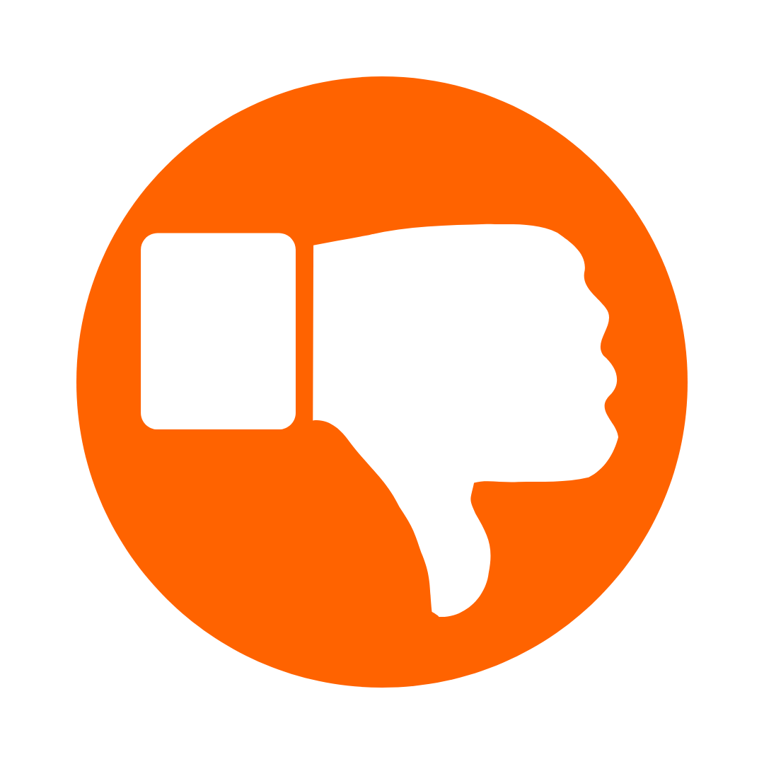 White thumbs-down hand gesture icon inside an orange circle, indicating disapproval.