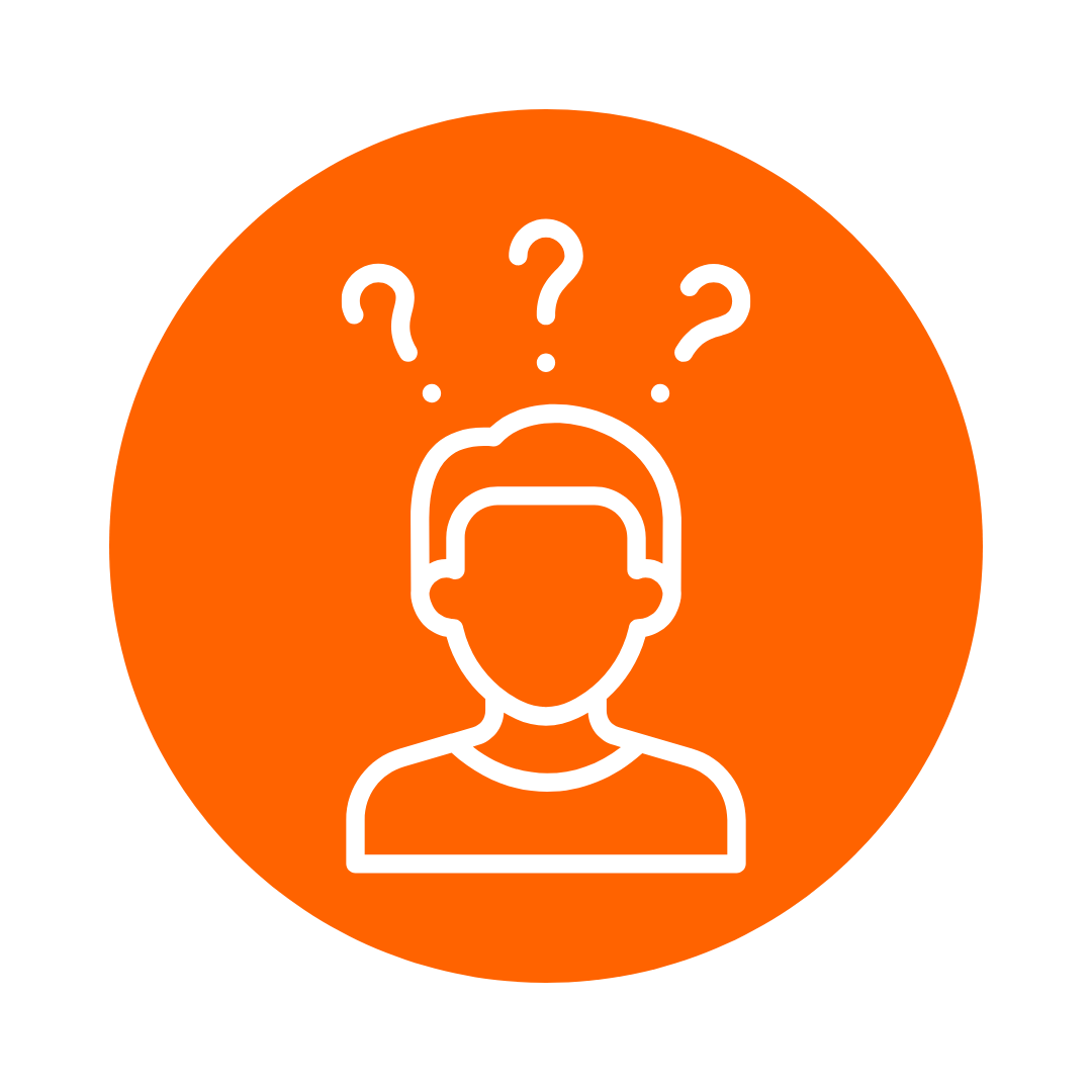 Person with question marks above head; orange circle background.