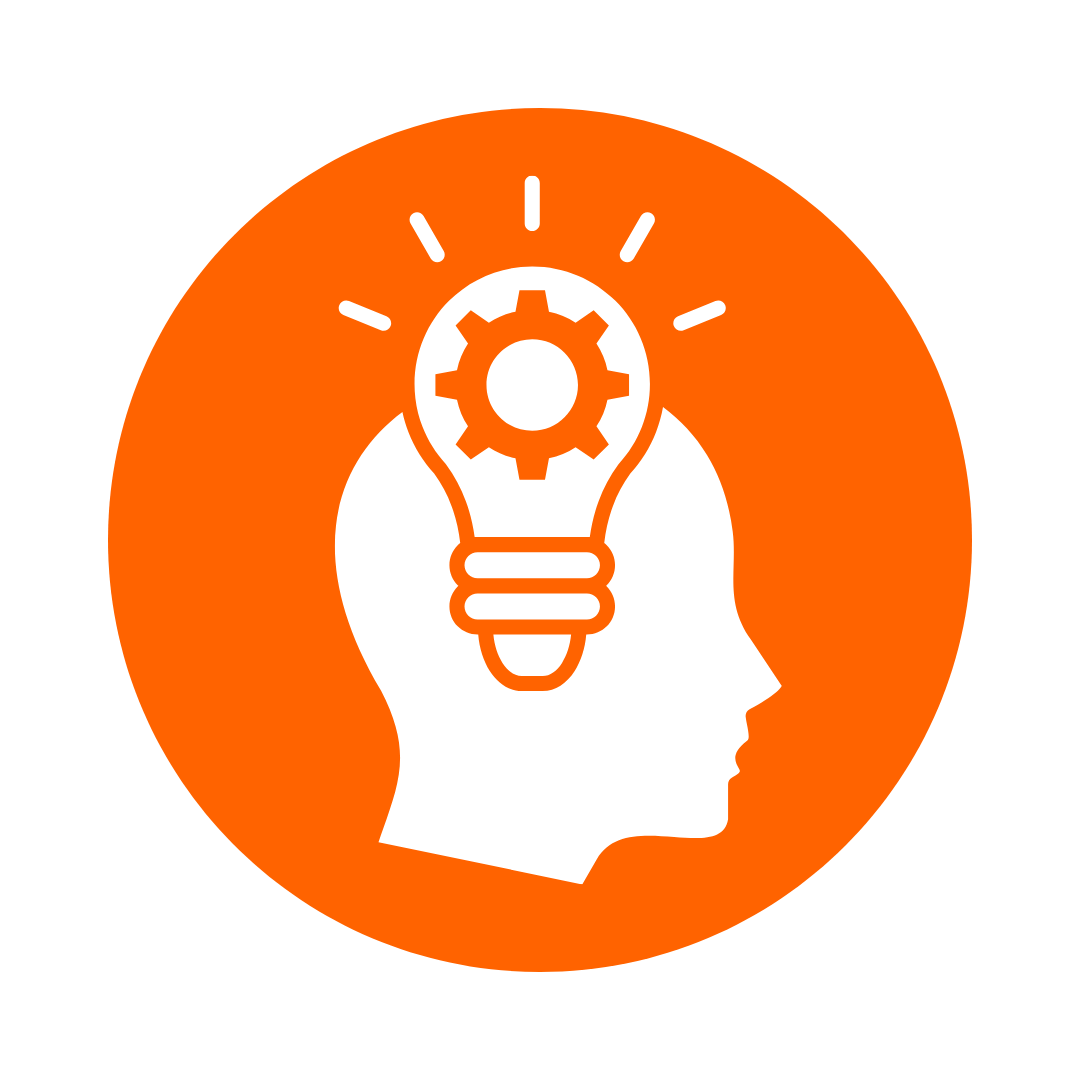 Orange circle with a white silhouette of a head and a light bulb with a gear inside, radiating light.