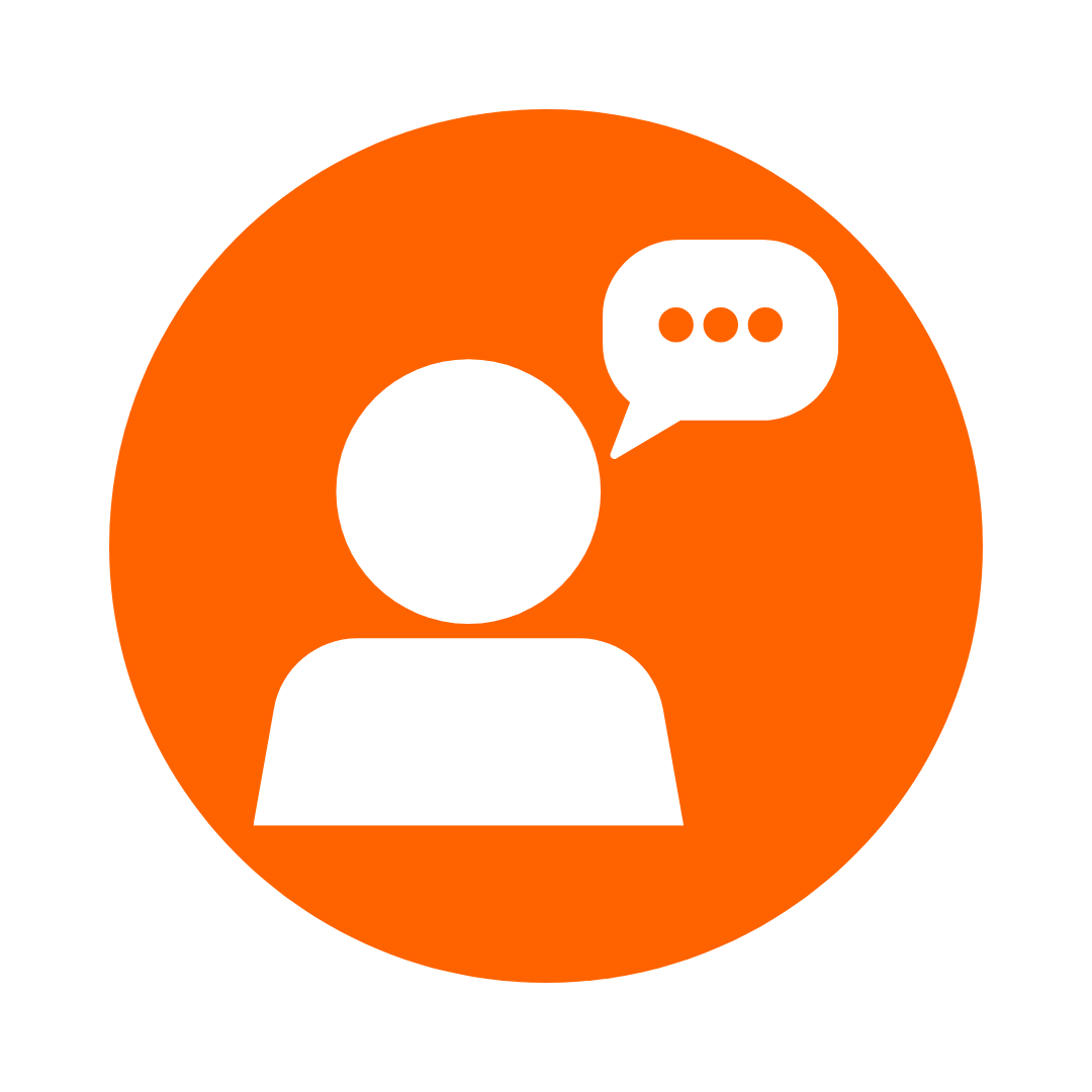 White person silhouette with speech bubble in an orange circle.