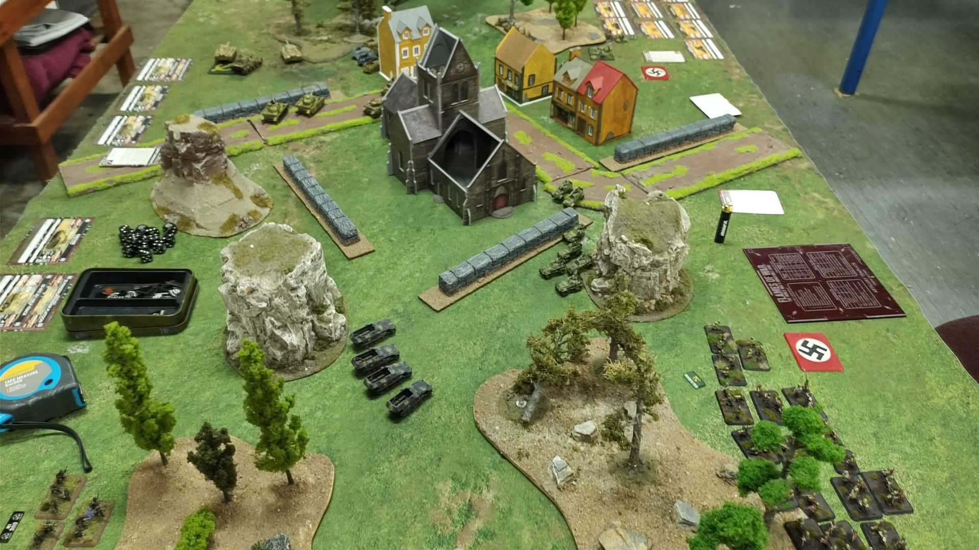 Miniature Tabletop War Game Setup With Buildings, Terrain, and Figures — Grim Gaming & Hobbies in Bundaberg Central, QLD