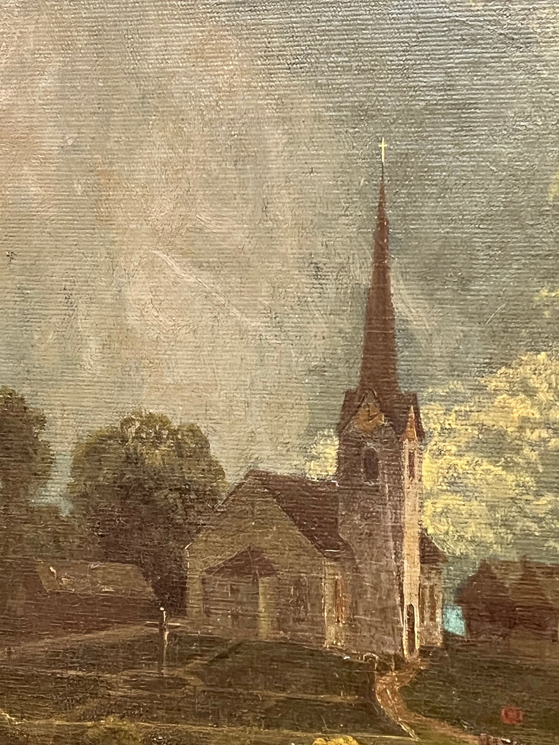 A close-up of a painting of a church with a steeple atop a hill.